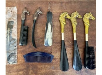 Vintage Collection Of Horse Head Hand Made Scotland Cow Horn Shoe Horn, Brushes, And Combs