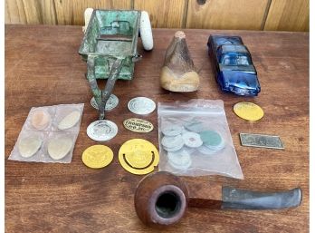 Antique Colorado Sales Tax Tokens, Arcade 30s Die Cast Dump Trailer W Rubber  Wheels, Avon Car, Sasieni Pipe