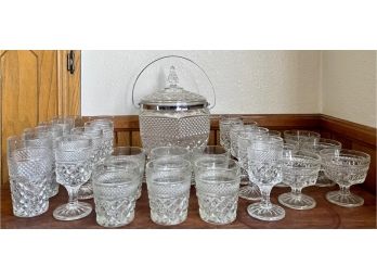 Large Collection Of Vintage Pressed Glass - Ice Bucket, Low Ball, High Ball, Wine Glasses, And Compotes