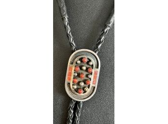 Vintage JoBeth Maize Mayes Native Sterling Silver And Coral Zuni Inlay Bolo Tie With Silver Tips Signed