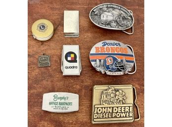 Vintage Collection Of Belt Buckles, Pen Knives, Mini Clips, And Tape Measure - John Deere, NFL, Advertising