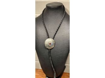 Vintage Sterling Silver & Garnet Navajo Stamped Bolo Tie With Black Braided Leather Tie And Silver Tips