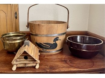 Vintage Lot - Brass, Pottery, And Wood Bowls, Bucket, And Birdhouse