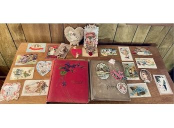 Collection Of Antique Victorian Post Cards And Albums - Valentines, Birthday, Christmas, Love, And More