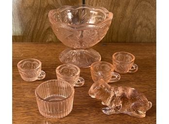 Small Collection Of Pink Depression Glass - Miniature Bunnies, Mosser Glass Miniature Cups,  Punch Bowl