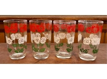 (4) Vintage Hazel Atlas Swanky Swigs Cheese Spread Jars -Red, Green, And White Bachelor Button Floral