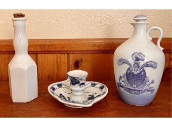 Cherry Heering Laquerre Denmark White And Blue Bottle With Stopper, Milk Glass Bottle, Brandenburg Candle