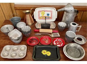 Vintage And Antique Collection Of Tin Baking Cups, Toy Doll House, Baking Ware, Gunga Din England Pitcher,more