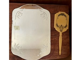 (2) Vintage Mirrors - (1) Hand Held Celluloid And (1) Etched Wall Mirror