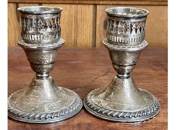 Pair Of Sterling Silver Weighted Rogers No 1901 Pierced Top Candle Holders With Reticulated Inserts 46.5 Grams