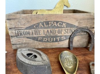 Collection Of Antique Primitives - Sad Iron, Dayagi Ash Tray, Lock Without Key, Horseshoe, Wood Box, And More