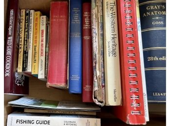 Box Of Vintage Books - Gray's Anatomy 28th Edition, Dr. Suess, Paper Backs, Fishing Guide, Cooking, And More