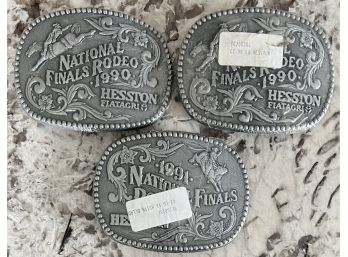 (3) Hesston National Finals Rodeo Adult Belt Buckles - 1990 & 1991