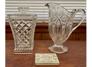 Art Deco Style Covered Dish, Penslar Throat Dragies Tin, And A Starburst Pitcher