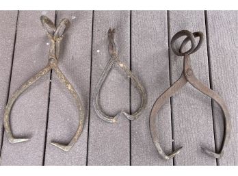 (3) Pairs Of Antique Primitive Metal Ice Block Tongs