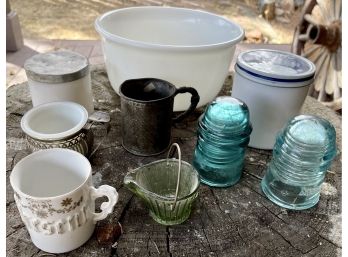 Vintage Collection Of Antique And Vintage Mugs Milk Glass Jars, Conductors, Hamilton Beach Bowls And More