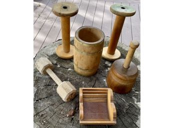 Vintage Wooden Lot Including Butter Mold, Wood Spools, Barrel With Brass Trim