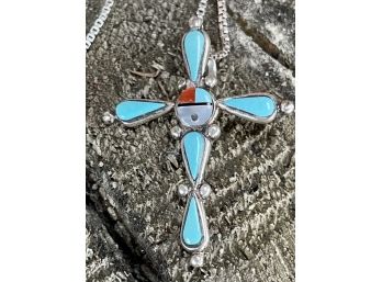 Vintage Sterling Silver Zuni Cross Turquoise, Coral, And MOP With Sterling Silver Box Chain