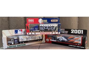 (3) Team Collectibles 1995 And 2001 Rockies/broncos 1/80 Die-cast Semi Trucks New In Packaging