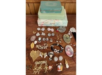 Collection Of Vintage Jewelry - Whiting & Davis Cameos, Sara Coventry, Cufflinks, Enamel, Pewter, And More