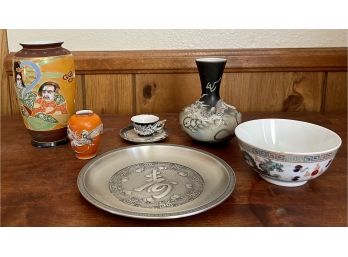 Vintage Moriage Japan And China Lot - Dragon Vase, 2 Vases, China Bowl, Shou Royal Selangar Pewter Plate