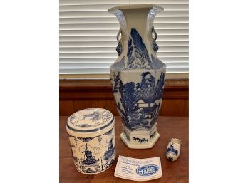 (3) Ceramic Pieces - Delft Blauw Holland Jar, Holland Clog, And Asian Motif Vase