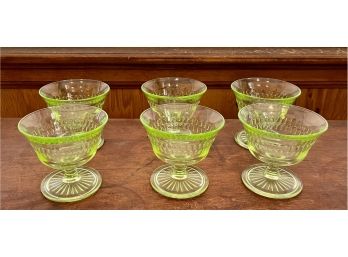 Collection Of (6) 1930's Uranium Green Depression Glass Compotes