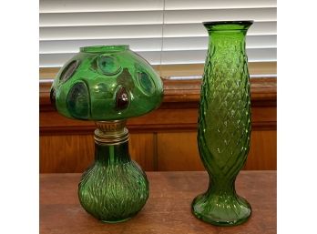 Antique Green Glass Mushroom Oil Lamp And A E.o. Brody Co. Glass Vase