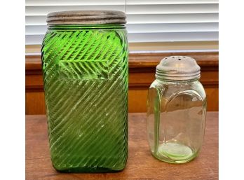 (1) Hazel Atlas Uranium Glass Hoosier Jar (1) Uranium Glass Sugar Shaker With Tin Top