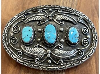 Stunning Sterling Silver And Turquoise Navajo Signed FO Belt Buckle Weighs 62 Grams