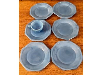 Collection Of (6) Blue Akro Agate Tea Set Plates And (1) Cup