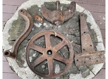 Collection Of Antique Primitive Steel Including Barndoor Strap Hinge, Z 28 Wheel, Crank, Fastener