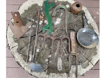 Antique And Vintage Collection Of Primitive Tool Pieces, Tools, Pans, Ladle, And More