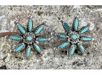 Pair Of Vintage Native American Zuni Petite Point Sterling And Turquoise Post Earrings