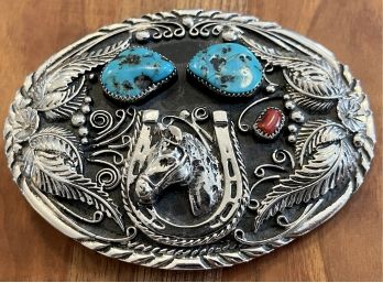 S.S.I. Silver Plate, Turquoise & Coral Belt Buckle Handcrafted In The USA