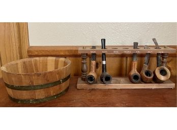 Vintage Pipe Collection With Stand Monday Through Friday And A Wood And Metal Basket