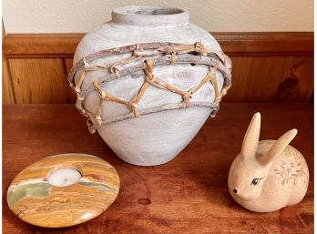 Collection Of Home Decor - Alabaster Candle Holder, White Wash Pottery Vase With Wood Trim, Ceramic Bunny