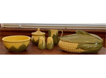 Set Of Shawnee USA Corn Pattern Pottery - Cream, Sugar, Salt And Pepper, Lidded Corn Bowl (as Is)