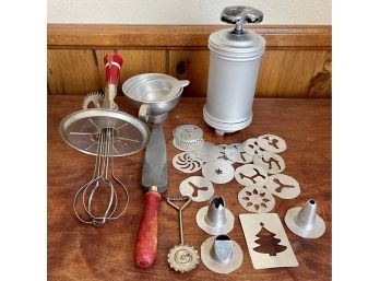 Vintage Kitchen Lot Including Hand Mixer, Knife Sharpener, Cookie Press, And Molds