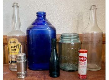 Collection Of Antique Bottles - Atlas Strong Shoulder Mason Jar, Hazel Atlas Blue Jar, Martels Bay Rum, & More