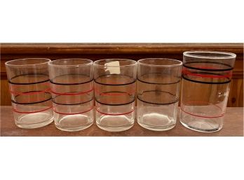 (5) Vintage Hazel Atlas Swanky Swigs Cheese Spread Jars -red And Black Rings