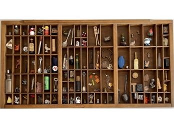 Antique Solid Wood Shadow Box Filled With Miniatures - Bottles, Stamps, Dice, Thimbles, Figurines, And More