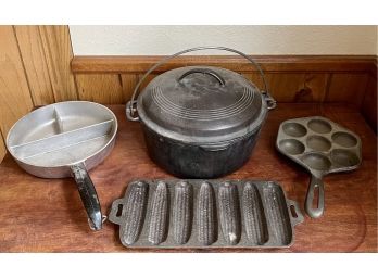 Vintage And Antique Cast Iron Baking Dishes - Corn Bread Mold, Muffin Mold, Wagner Ware Lidded Pot, And More