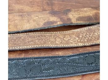 (3) Vintage Brown And Black Leather Tooled Cowboy Rodeo Belts With Buckles - World Horseshoe Tournament, &more