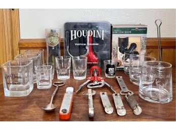 Assorted Bar Lot - Jack Daniels Whiskey Glasses, White Tail, Houdini Wine Opener, Cork Pops, And More