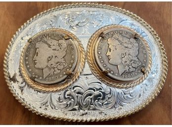 Montana Silversmiths Silver Plate Belt Buckle With Two Morgan Dollars 1880 & 1881