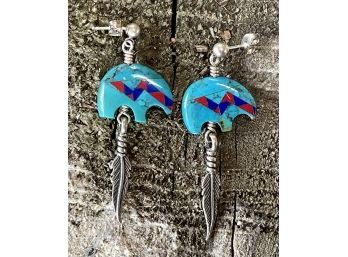 Pair Of Vintage Native American Fetish Turquoise And Stone Inlay With Silver Feathers Drop Earrings