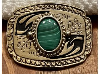 Vintage Gold Tone And Malachite Stone Etched Belt Buckle