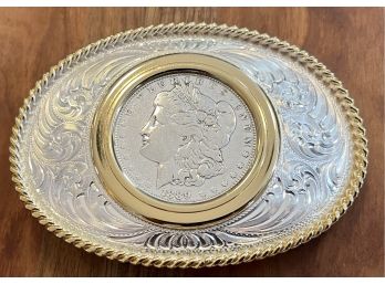 Montana Silversmith's Silver Plate Belt Buckle With 1880 Morgan Silver Dollar