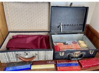 Collection Of Vintage Barber Items - Small Suitcases, (2)north Hollywood Uniforms Capes, Stephens Blades, More